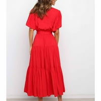 Bescita Womens Ljeto Maxi haljina kratki rukav V izrez Casual Long Beach haljine Ruffle Flowy Flowery haljina