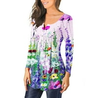 Ženska casual seksi modna majica tiskani s dugim rukavima V-izrez ruched pulover bluza vrhovi trendi