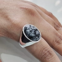 Snowflake Obsidian MANS prsten, prirodni pahuljica, gospodo prsten, srebrni nakit, srebrni prsten, poklon,