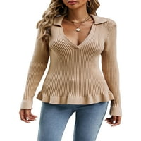 Ženska rebra ruffle džemper Ležerne prilike pulover s dugim rukavima s dugim rukavima na vrhu padajući