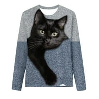 HFYIHGF Ženske 3D CAT Print T-majice s dugim rukavima Crewneck Ležerne prilike pulover Trendy Graphic