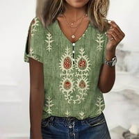 Ženske vrhove Henley ispisane bluze casual ženske majice kratki rukav ljetni zeleni m