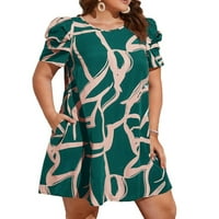 Ženska casual grafički tunik okrugli vrat tamnozelene kratke rukav plus haljine veličine 2xl