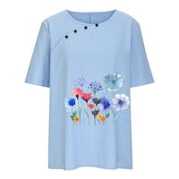 Yyeselk ženske pamučne i posteljine Ljetne košulje za slobodno vrijeme okrugli vrat Fancy cvjetni print