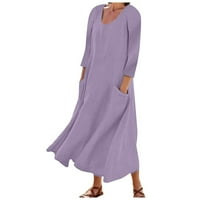 Ženska dužina gležnja dugih rukava modna linija puna ljetna haljina s V-izrezom Purple 2xl