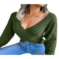 Kelajuan ženski jesenski džemper, čvrsti kolor poprečni V-izrez dugih rukava s niskim rezom, pulover