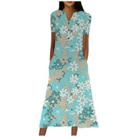 FOPP prodavač Ženska haljina V-izrez Dugme kratkih rukava cvjetni print sa džepovima Sky Blue XXL