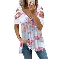 Ženske vrhove bluza Štampani kratki rukav povremeni dame modni V-izrez ljetni ružičasti m