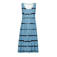 Ženske haljine bez rukava A-line srednjeg duljina ljeto otisnuta okrugla dekolte, plava 2xl