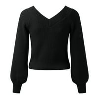 Iopqo džemperi za žene Žene Modne čvrste boje dugih rukava V izrez Loose Knit pulover džemper ženske