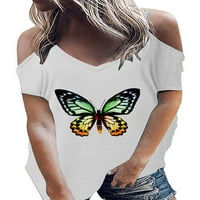Žene hladno rame leptir print ljetna majica casual tee v bluza izreza bluza