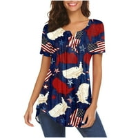 Žene USA zastava Štampano kratki rukav Henley V izrez Majica Pleased Casual Flowy Tunic bluza TOPS S,