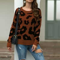 CETHRIO pulover džemperi za žene mekane casual zimske posade izrez s dugim rukavima Leopard pletene