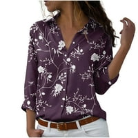Ženski gumb dolje cvjetni vrh i bluza Elegantna plus veličine Tunic Teres Ret V izrez dugih rukava Purple