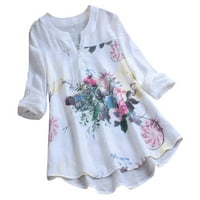 Haxmnou Women Vintage V-izrez cvjetni ispis zakrpa dugih rukava The The Majica Bluza Bijela m