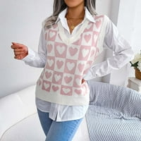 Ženski pleteni džemper prsluk trendy plairani srčani ispis V izrez bez rukava bez rukava u pulovernim