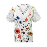 Ženski cvjetni print Dressy vrhovi čipkasti patchwork v izrez kratki rukav casual t majice labave ljetni comfy tee bluza