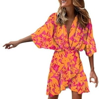 Ljetne haljine za žene mini rukav seksi A-line ispisani haljina V-izrez narandžasti xl