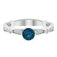 London Blue Topaz i dijamantni prsten, okrugli London Blue Topaz Ring, London Blue Topaz Solitaire prsten,