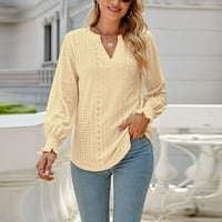 Ženski modni vrhovi čvrsti V-izrez dugih rukava labav pulover žuti s