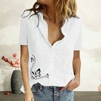 Ženski leptir za bluzu za bluzu pamuk posteljina vrhovi kratkih rukava T-majice Henley V izrez Tunika