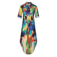 Dress CETHRIO - Ležerne prilike rever od tiskanog gumba Jednostruka grudi s dugim rukavima s dugim haljinama