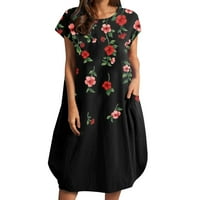 Haljine za žene cvjetne tiskane o-vrat kratkih rukava plus veličina nepravilna labava džepna haljina