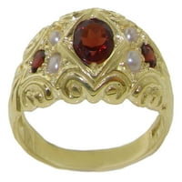 14K žuti zlatni kultivirani biser i prirodni Garnet Womens Band prsten - veličina 6,75