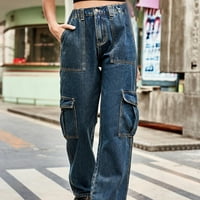 Ženske vintage traper hlače elastične sredine struka ravne noge s više džepovima teretni jean pantalone