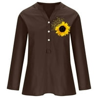 Pyju ženske pamučne majice s dugim rukavima, tipka gore v izrez Henleyji košulja suncokret print draped