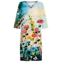 Plus size haljine za žene casual vintage cvjetni print za notch V rect rukava midi haljina