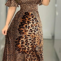FESFESFES Ljetne haljine za žene Leopard Ispis od ramena Boho haljina bez kaiševe kratkih rukava plaža
