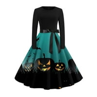 Cuhas Goth Halloween Crne haljine za žene Gothic Goth Print Flare Dugi rukav O-izrez Party Casual Blue