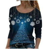 Tklpehg božićne majice za žene Trendy Crewneck dugih rukava tunika na vrhu casual božićnog drvca Ispiši grafičke tines udobne bluze pulover plave s