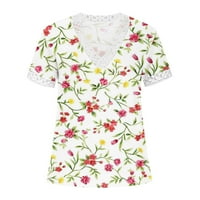 Žene ljetne vrhove Moda plus veličine V-izrez kratki rukav Ispis Ležerne prilike majica Bluza čipka