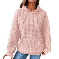 Prevelizirana dukserica za žene plus vafla pletene ležerne pulover dugih rukava s dugim rukavima meke čvrste kapuljače za crtanje sa džepovima ružičaste s