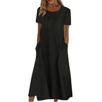 Tkinga modna ženska ljetna casual boho košulja s džepovima sa džepovima kratki rukav Maxi haljina na plaži crna l