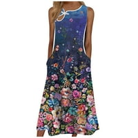 Ženske haljine bez rukava A-line srednje dužine scoop vrat cvjetna ljetna haljina tamno plava 2xl