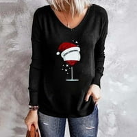 Božićne majice za žene Dressy Casual Bluzes Xmas šešir Vinski staklo Grafički pulover Flowy Tops V-izrez