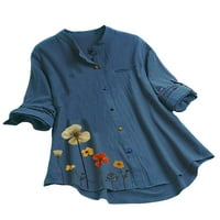 Žene cvjetno print gumb dolje tunika majica casual štanda na vrhu ovratnika bluza povuku košulju dugih