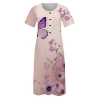 -8jcud Ženska džepa duga haljina Ljeto V-izrez cvjetno tiskano dugme s kratkim rukavima Flowy midi haljina