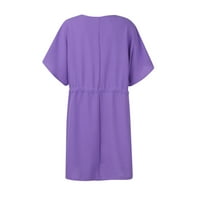 Ljetne haljine za ženske ljetne solidne boje V-izrez Dugme s kratkim rukavima haljina ljubičasta m