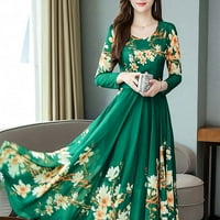 Žene A-line haljina Ljetni okrugli dekolte s dugim rukavima cvjetne casual duge žene haljine zelene