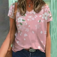 Lovskoo Ljetni vrhovi za žene V-izrez kratki rukav Ispis Ležerne prilike majica Bluza Pink