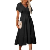 Aoksee ženske modne haljine labave V-izrez ljeto od pune haljine s kratkim rukavima, crna