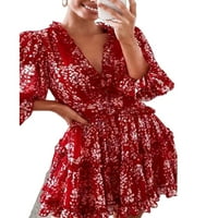 Glonme Women Mini haljina Duboko V izrez Kratke haljine Dugi rukavi za odmor Ležerne prilike Cvjetni