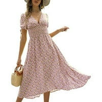 Ženske haljine kratki rukav A-line maxi casual cvjetna ljetna haljina s V-izrezom ružičasta m