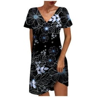 Xihbxyly Ljetna haljina za žene s kratkim rukavima V izrez cvjetna ljuljačka A-line kratke haljine boemijski