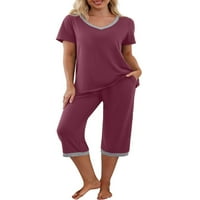 Eyicmarn ženska pidžama set kratkih rukava V rect majica i kapri hlače za spavanje kontrastnog boja