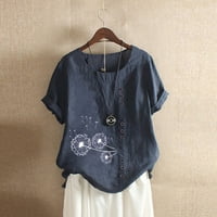 Bluze za ženske pamučne posteljine okrugli vrat kratki rukav sa vrhovima gumba tiskanim majicama 4xl